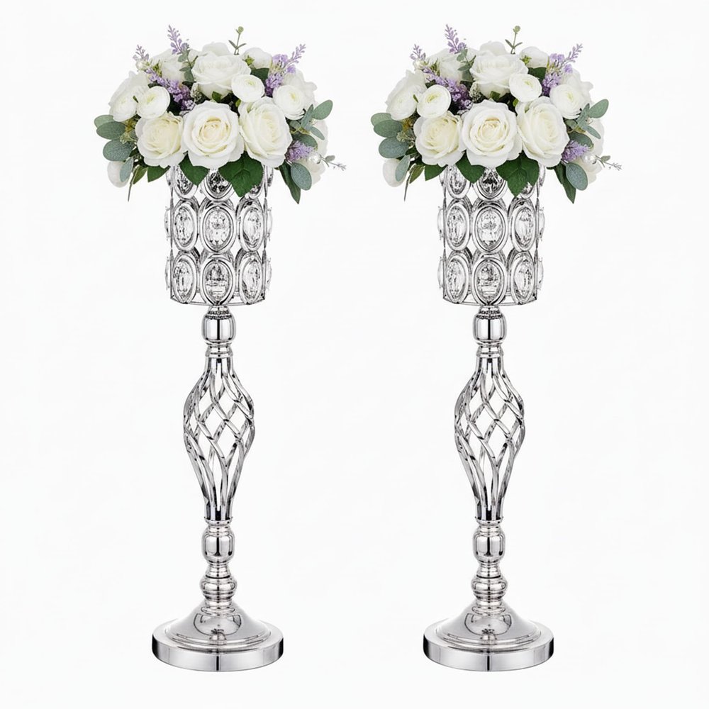 24in Metal Diamond Crystal Wedding Centerpiece Vases for Tables, Set of 2 Silver Versatile Tall Flower Holders Centerpiece Flower Stands for Wedding Party Reception Home Dcor