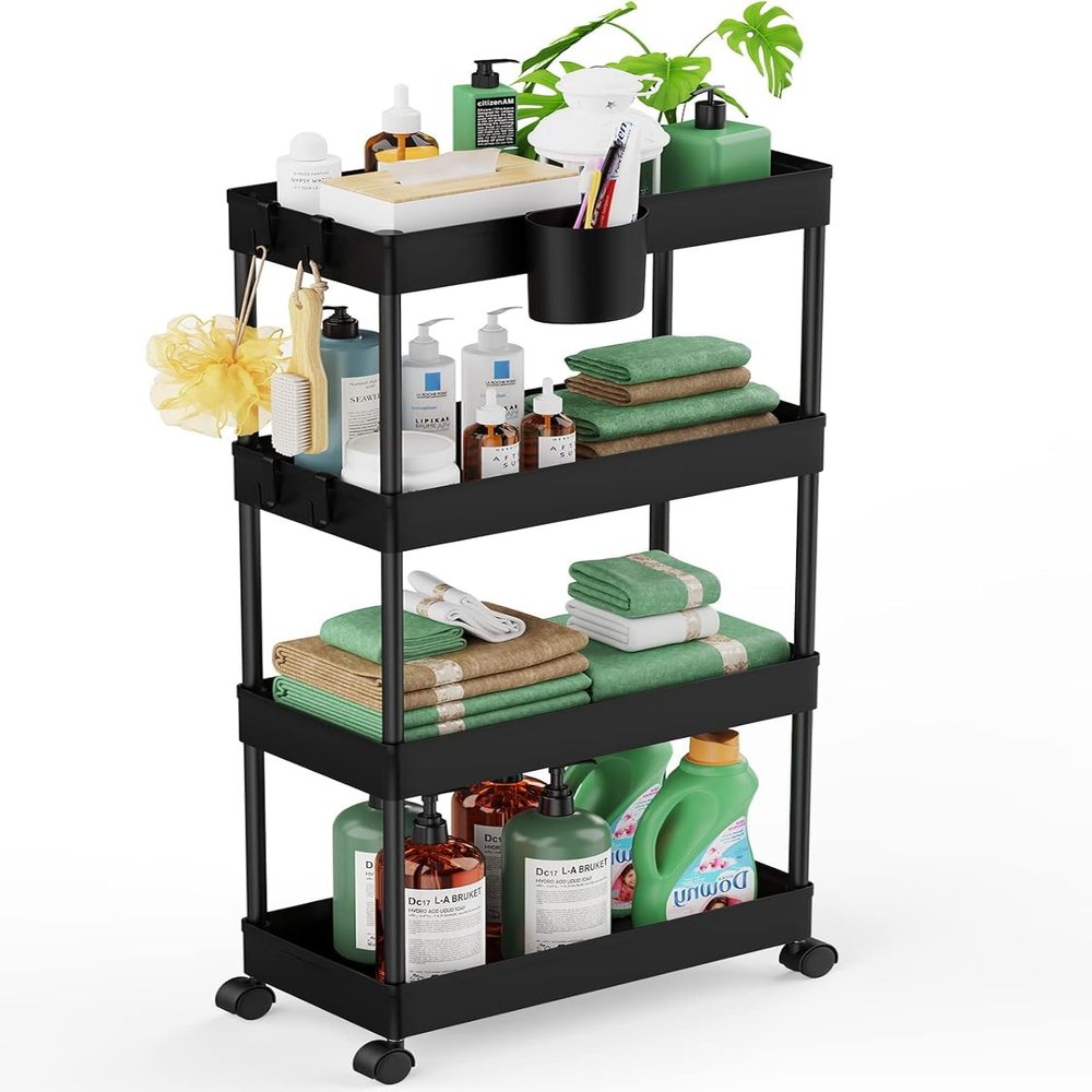 LEHOM Slim Rolling Storage Cart - 4 Tiers Bathroom Organizer Utility Cart Slide Out Storage Shelves Mobile Shelving Unit for Kitchen, Bedroom, Office, Laundry Room, Small Narrow Spaces7.1" W+Black