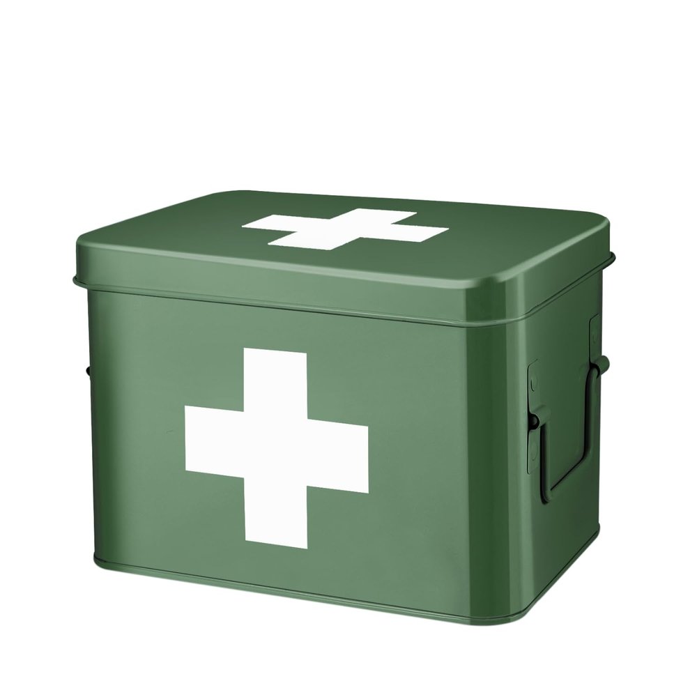 Flexzion Large Metal First Aid Box Empty, 8.5-Inch, Green with White Cross