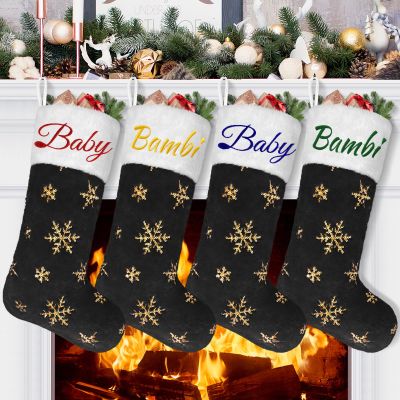 DegGod 6 Pack Custom Christmas Stockings with Names, 22 inches Personalized Embroidery Faux Fur Black Xmas Stockings with Gold Snowflakes Hanging Ornaments for Xmas Tree Party Decoration