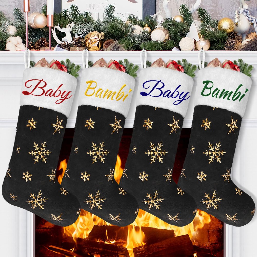 DegGod 6 Pack Custom Christmas Stockings with Names, 22 inches Personalized Embroidery Faux Fur Black Xmas Stockings with Gold Snowflakes Hanging Ornaments for Xmas Tree Party Decoration