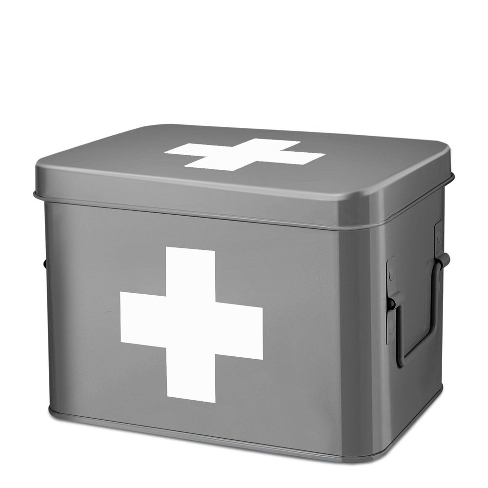 Flexzion Medicine Box, Home Pharmacy Box, 33 x 21 x 19 cm, Metal Medication Storage Box for Emergency, First Aid Cabinet, with Side Handles, Removable Tray & 5 Compartments, Grey