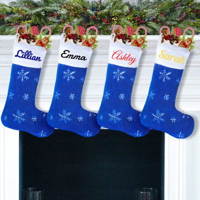 DegGod 6 Pack Custom Christmas Stockings with Names, 22 inches Personalized Embroidery Faux Fur Blue Xmas Stockings with Silver Snowflakes Hanging Ornaments for Xmas Tree Party Decoration