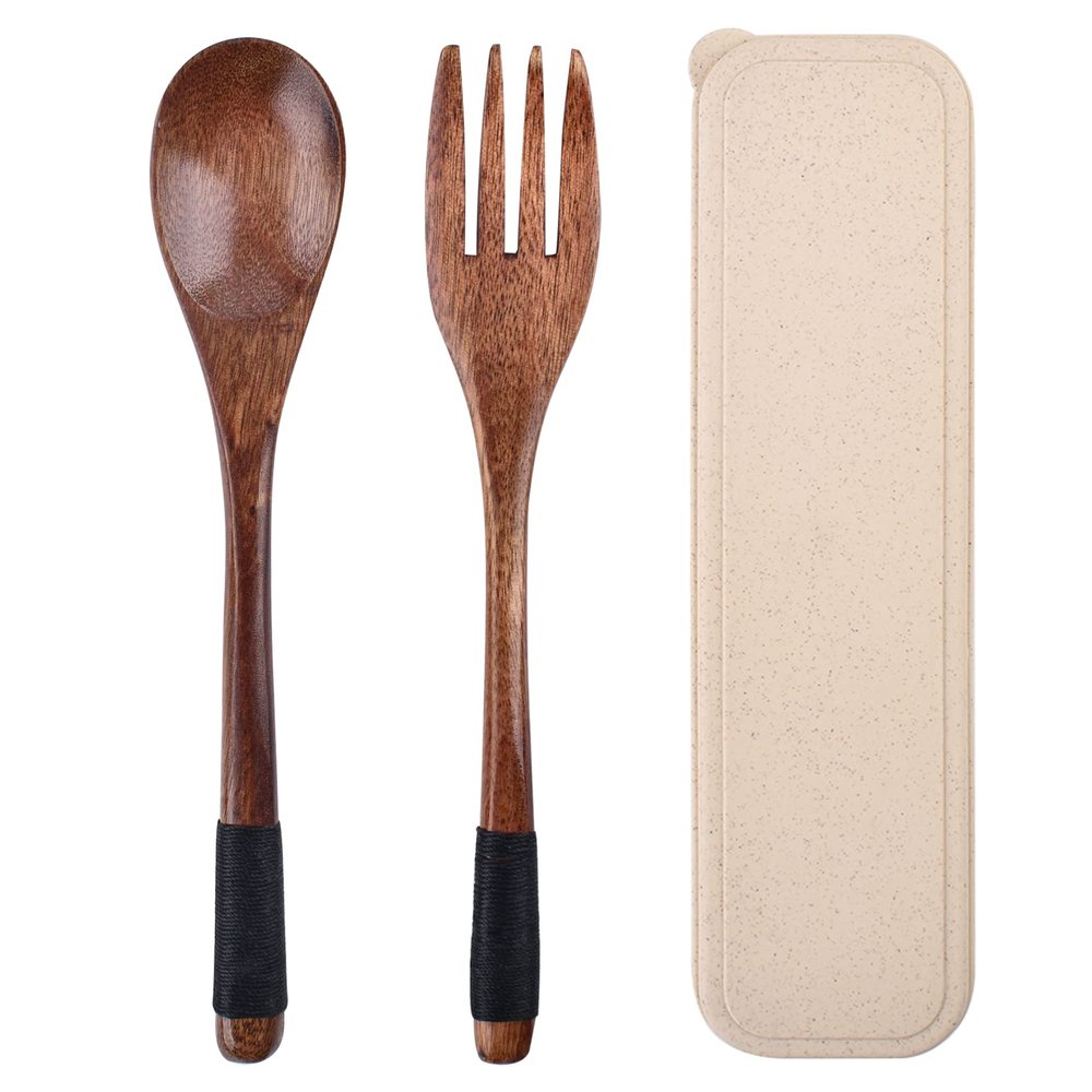 JIABEIUS Wooden Cutlery Set, Travel Utensils with Case, Spoon & Fork, 3 Pcs
