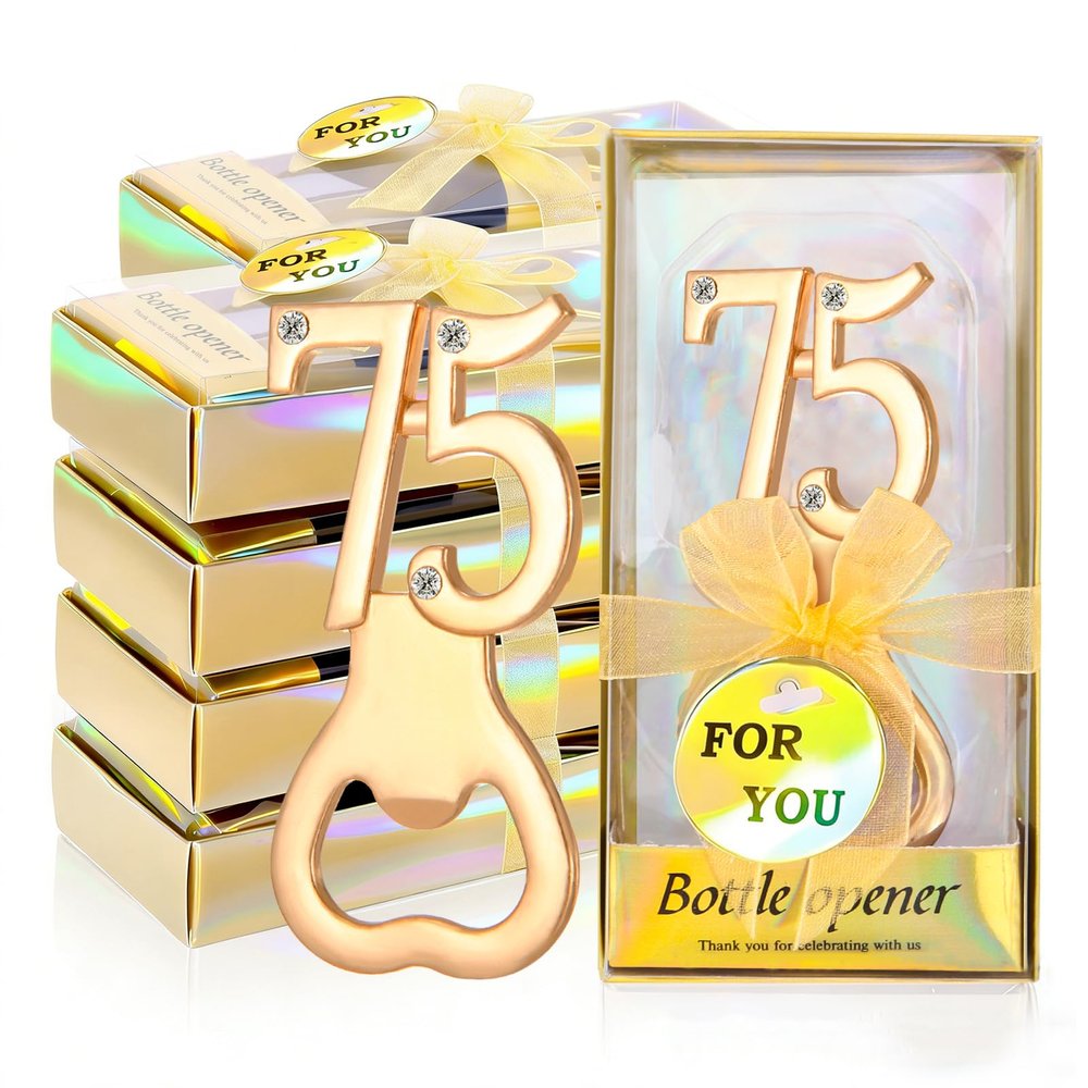 24Pcs Golden 75 Bottle Openers for 75th Birthday Party Favors Rhinestones Decorations for Wedding Anniversary Gifst Souvenrs or Keepsaks for Guests