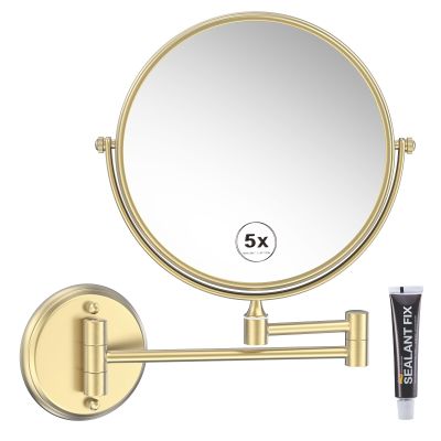 RECKODOR 8 Inch Bathroom Makeup Mirror Wall Mounted Gold, 360 Swivel Vanity Mirror with Magnification, Extendable Arm, 1X/5X Two-Sided, Brass Material, Brushed Light Gold