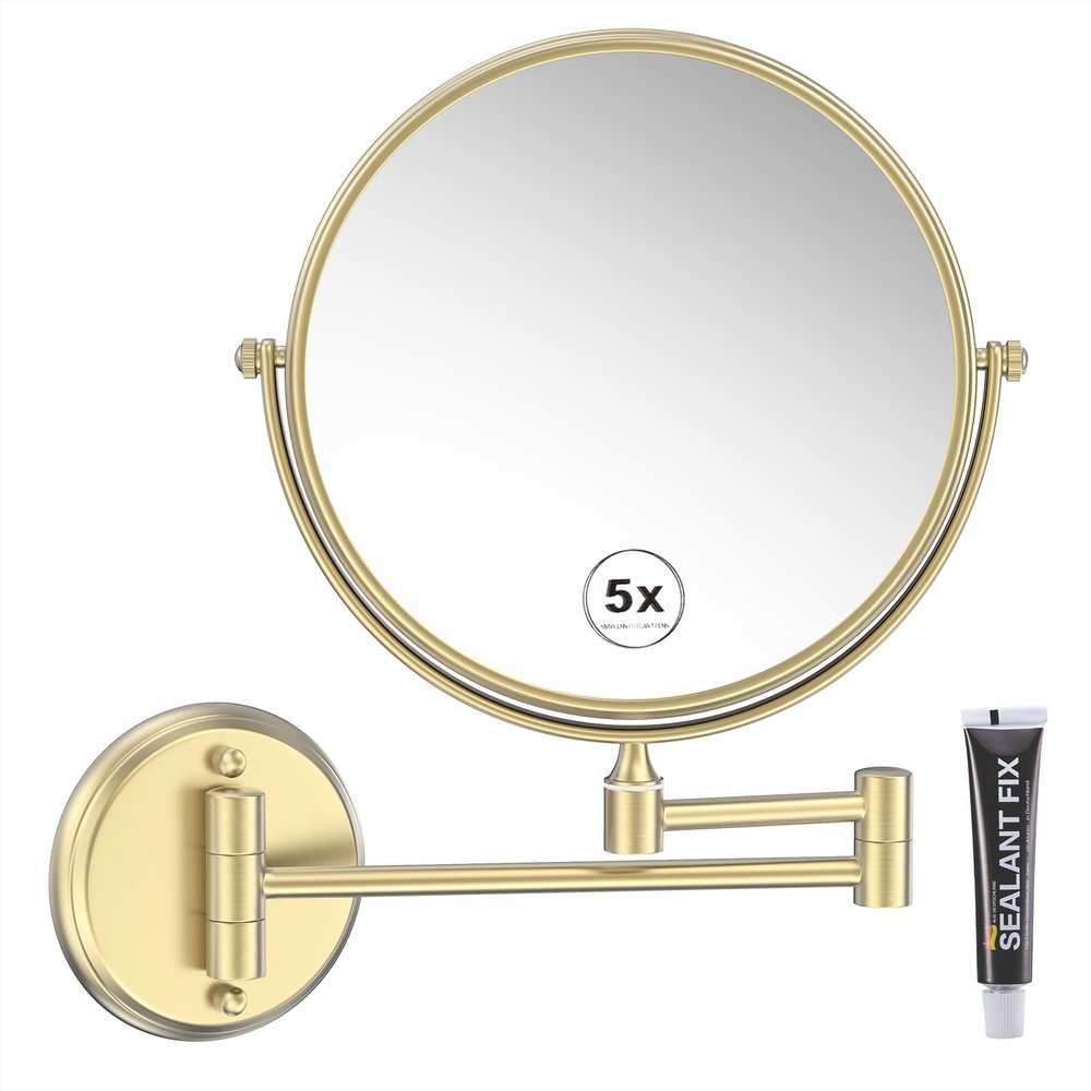 RECKODOR 8 Inch Bathroom Makeup Mirror Wall Mounted Gold, 360 Swivel Vanity Mirror with Magnification, Extendable Arm, 1X/5X Two-Sided, Brass Material, Brushed Light Gold