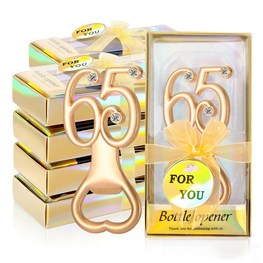 24Pcs Golden 65 Bottle Openers for 65th Birthday Party Favors Rhinestones Decorations for Wedding Anniversary Gifst Souvenrs or Keepsaks for Guests