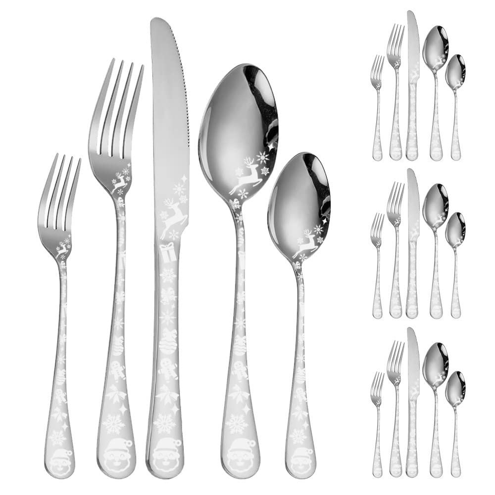 30 Piece Silverware Set for 6 Cutlery Flatware Set With Christmas Patterns Stainless Steel Delicate Knifes Forks and Spoons Sets Christmas Durable Home Kitchen Restaurant Tableware Utensils Set