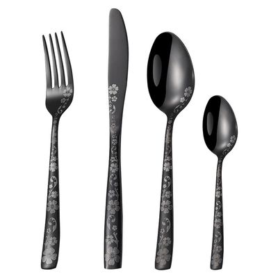 Black Silverware Set 24 Piece Cutlery Set for 6 With Delicate Patterns Stainless Steel Flatware Include Knifes Teaspoons Forks and Spoons Home Kitchen Restaurant Tableware Utensils Set