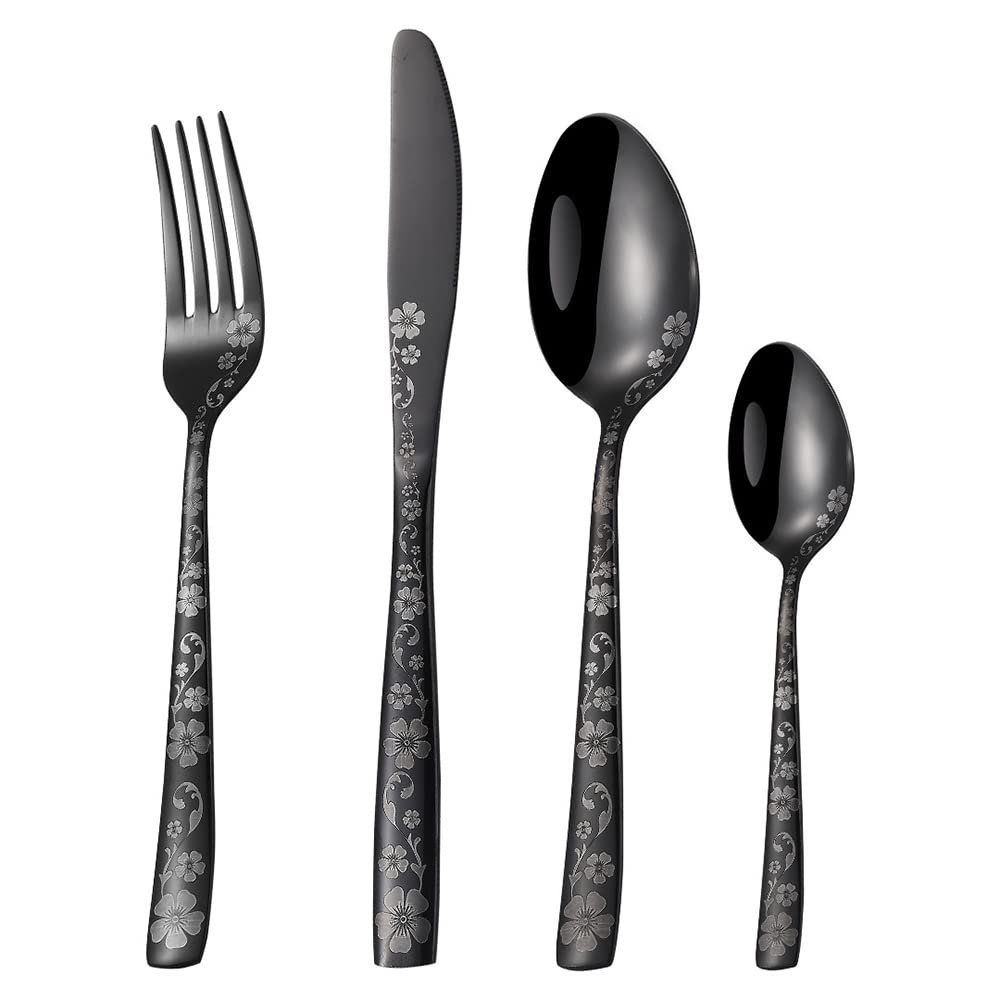 Black Silverware Set 24 Piece Cutlery Set for 6 With Delicate Patterns Stainless Steel Flatware Include Knifes Teaspoons Forks and Spoons Home Kitchen Restaurant Tableware Utensils Set