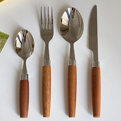 Wood Silverware Set 24 Piece Cutlery Sets for 6 With Wooden Handle Premium 18/10 Stainless Steel Flatware Set Knifes Forks and Spoons Set Home Kitchen Hotel Restaurant Tableware Utensils