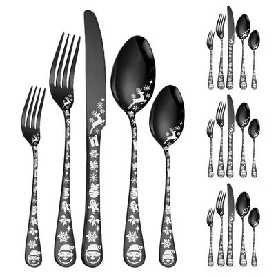 30 Piece Black Silverware Set for 6 Cutlery Flatware Set With Christmas Patterns Stainless Steel Delicate Knifes Forks and Spoons Sets Christmas Durable Home Kitchen Restaurant Tableware Utensils Set