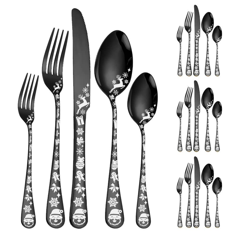 30 Piece Black Silverware Set for 6 Cutlery Flatware Set With Christmas Patterns Stainless Steel Delicate Knifes Forks and Spoons Sets Christmas Durable Home Kitchen Restaurant Tableware Utensils Set