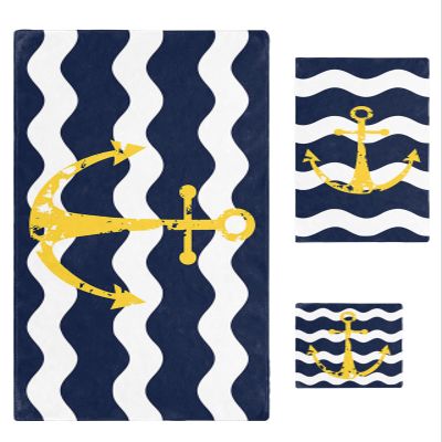 3 Piece Bath Towel Set, Yellow Ocean Anchor Luxury Towels Set for Bathroom Soft Bath Shower Towels Absorbent Bathroom Towels Set ( 1 Bath Towel, 1 Hand Towel, 1 Washcloth ) Navy Blue White Ripple