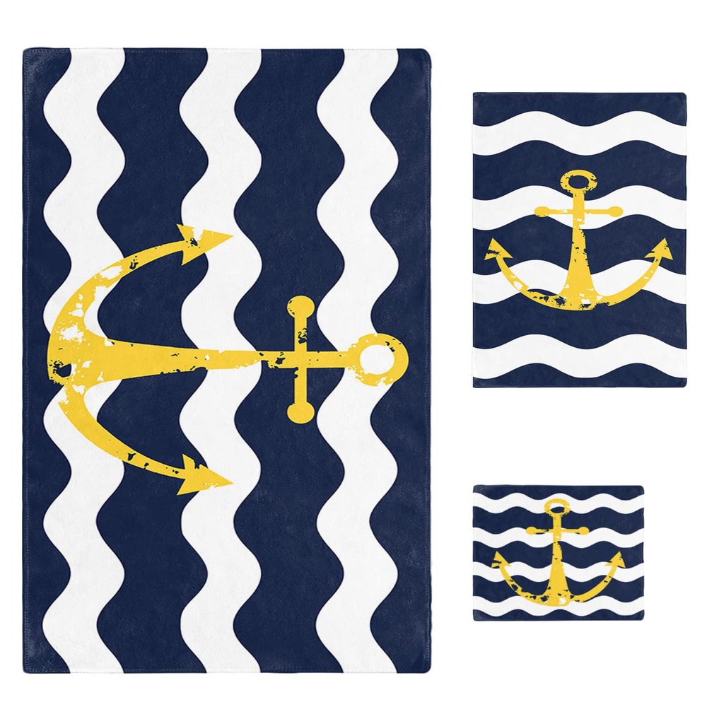 3 Piece Bath Towel Set, Yellow Ocean Anchor Luxury Towels Set for Bathroom Soft Bath Shower Towels Absorbent Bathroom Towels Set ( 1 Bath Towel, 1 Hand Towel, 1 Washcloth ) Navy Blue White Ripple