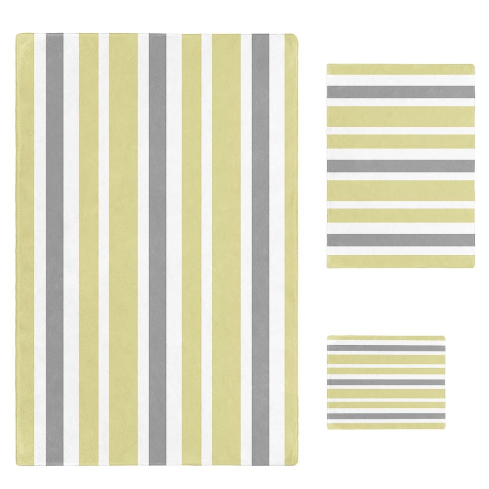 3 Piece Bath Towel Set, Yellow White and Gray Stripes Lines Geometric Texture Luxury Towels Set for Bathroom Soft Bath Shower Towels Absorbent Bathroom Towels Set(1Bath Towel,1Hand Towel,1Washcloth)
