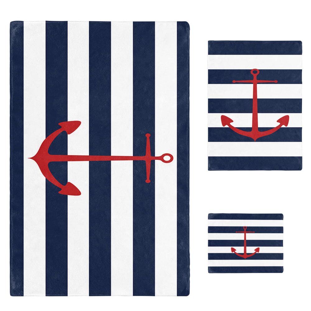 3 Piece Bath Towel Set, Red Anchor Prints on Navy Blue and White Stripes Geometric Towels Set for Bathroom Soft Bath Shower Towels Absorbent Bathroom Towels Set(1Bath Towel,1Hand Towel,1Washcloth)