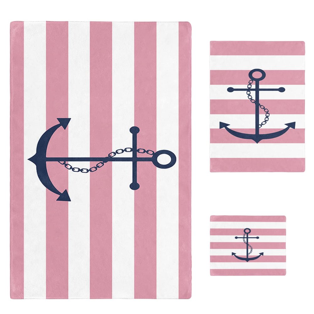 3 Piece Bath Towel Set, Ocean Theme Anchor Pink Geometric Stripes Texture Pattern Towels Set for Bathroom Soft Bath Shower Towels Absorbent Bathroom Towels Set(1Bath Towel,1Hand Towel,1Washcloth)