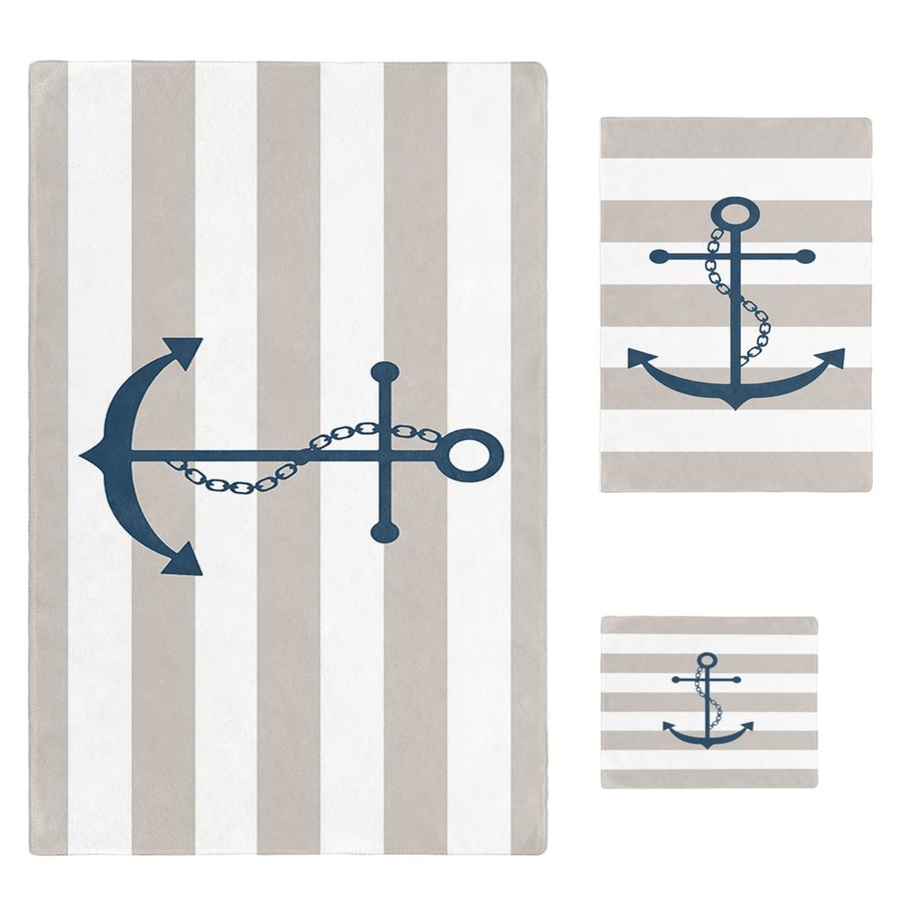 3 Piece Bath Towel Set, Ocean Theme Anchor Beige Stripes Simple Pattern Luxury Towels Set for Bathroom Soft Bath Shower Towels Absorbent Bathroom Towels Set ( 1 Bath Towel, 1 Hand Towel, 1 Washcloth )