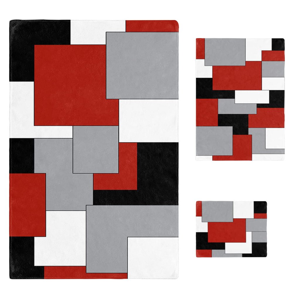 3 Piece Bath Towel Set, Abstract Geometric Luxury Towels Set for Bathroom Soft Bath Shower Towels Absorbent Bathroom Towels Set ( 1 Bath Towel, 1 Hand Towel, 1 Washcloth ) Red Black Gray Color Block