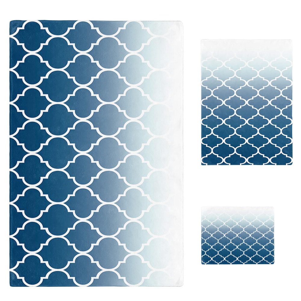 3 Piece Bath Towel Set, Moroccan Style Blue Gradient Geometric Texture Luxury Towels Set for Bathroom Soft Bath Shower Towels Absorbent Bathroom Towels Set ( 1 Bath Towel, 1 Hand Towel, 1 Washcloth )