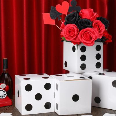 Sinmoe 6 Pcs Dice Favor Boxes Bulk 7 x 7 x 7 Inch Large Casino Cardboard Box 3D Dice Table Centerpieces for Casino Theme Birthday Party Decoration Las Vegas Game Night Party Suppy(Black Dots on White)