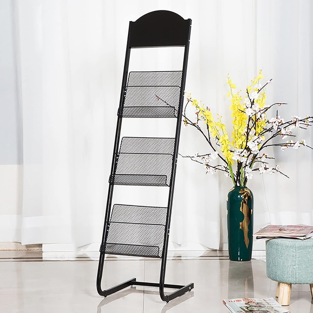 ZIMGOD 3 Tier Magazine Holder Rack, Metal Brochure Display Stand, Living Room Floor/Workroom/Office/Library Literature Stand Organizers (Color : Black)