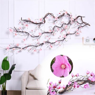 118" Artificial Magnolia Flowers Vines, Artificial Floral Vine Wall Decor Ornaments with 3 Tree Vine, Artificial Tree Hanging Flower Vine for Indoor Outdoor Wedding Wall Decoration,Purple