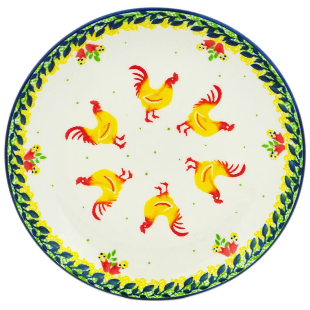 Polmedia Polish Pottery Dessert Plate - Yellow Rooster Pattern Handmade in Boleslawiec Poland + Certificate of Authenticity