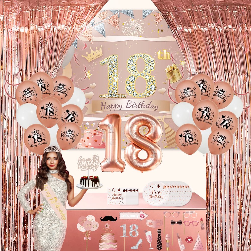18th Birthday Decorations for Girls,90 PCS Rose Gold 18 birthday decorations for girls,Including Happy 18th Birthday Banner Backdrop,Crown,Hanging Swirl, birthday Balloons, Foil Backdrops,Cake