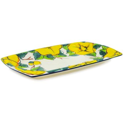 Polmedia Polish Pottery Platter 12-inch UNIKAT - Yellow Daffodils Pattern Handmade in Boleslawiec Poland + Certificate of Authenticity