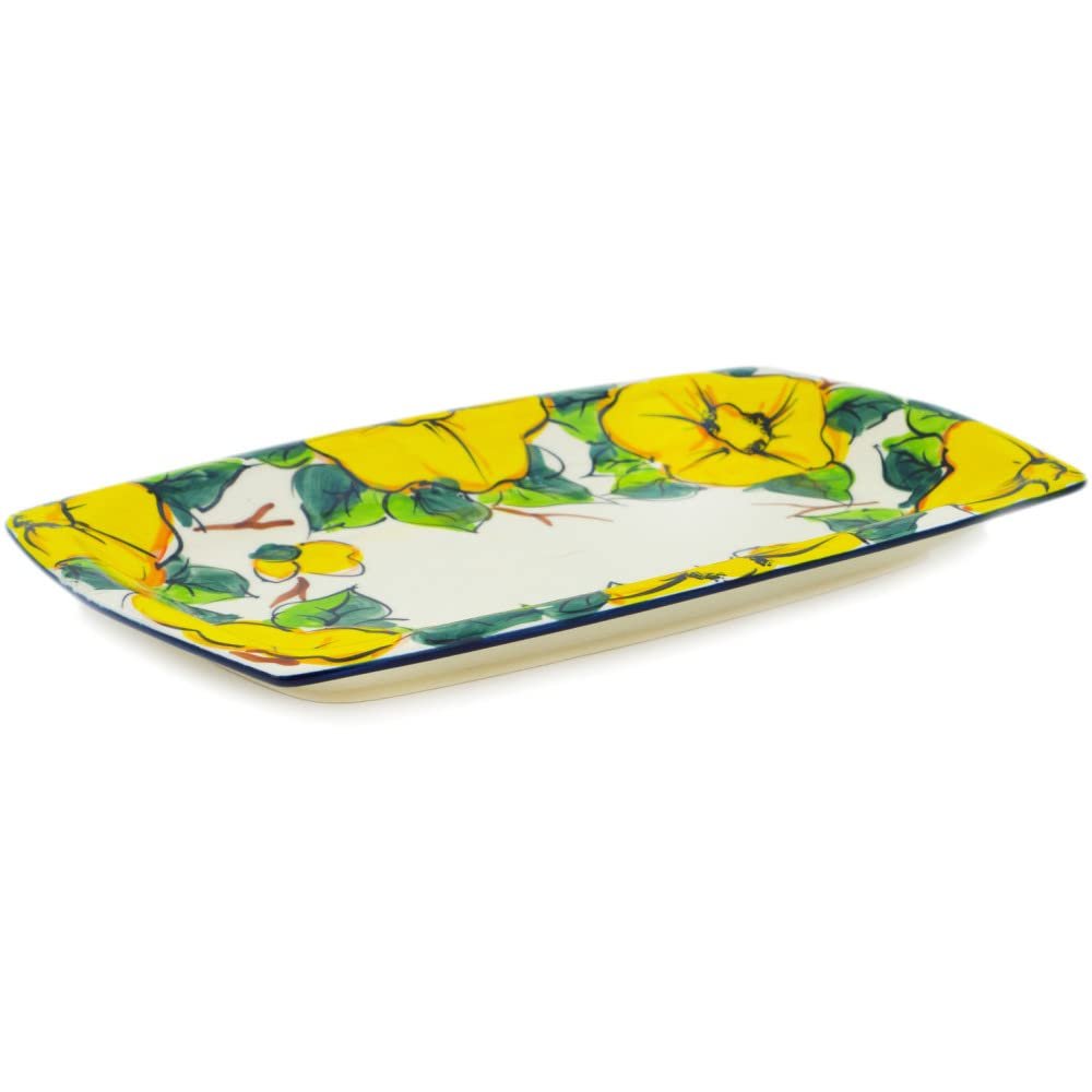 Polmedia Polish Pottery Platter 12-inch UNIKAT - Yellow Daffodils Pattern Handmade in Boleslawiec Poland + Certificate of Authenticity