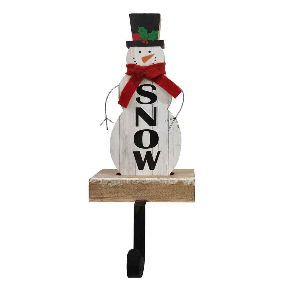 Christmas Snowman Stocking Holder for Mantel Fireplace Stand Hanger, Rustitc Wood Snowman with Metal Hook for Stockings, Decorative Snowman Table Top Decor for Xmas Party Holiday Decorations (3)
