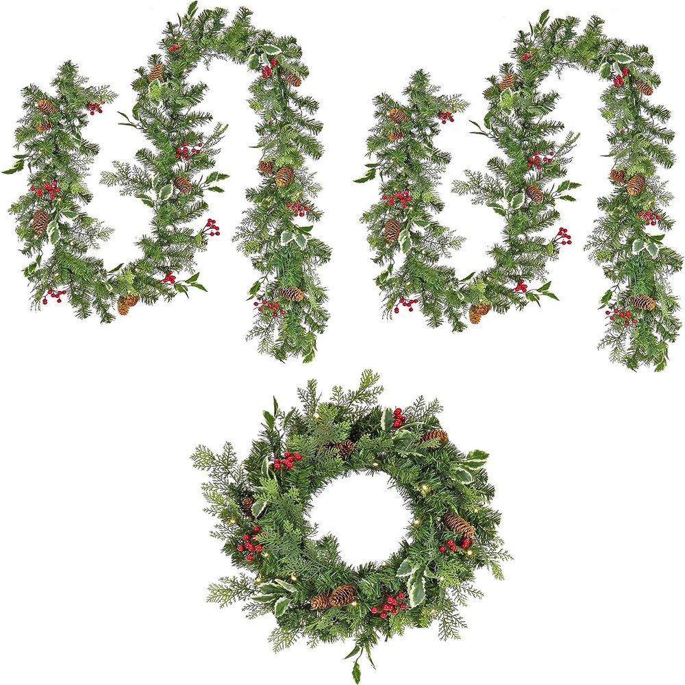 National Tree Company First Traditions Pre-Lit Christmas Wreath and Two Garlands with Berries and Pinecones, Warm White LED Lights, 9 ft