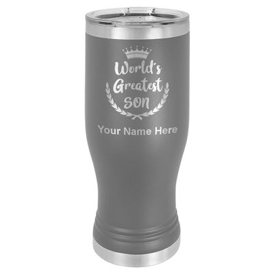 LaserGram 14oz Vacuum Insulated Pilsner Mug, World's Greatest Son, Personalized Engraving Included (Gray)