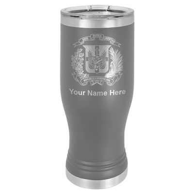 LaserGram 14oz Vacuum Insulated Pilsner Mug, Coat of Arms Dominican Republic, Personalized Engraving Included (Gray)