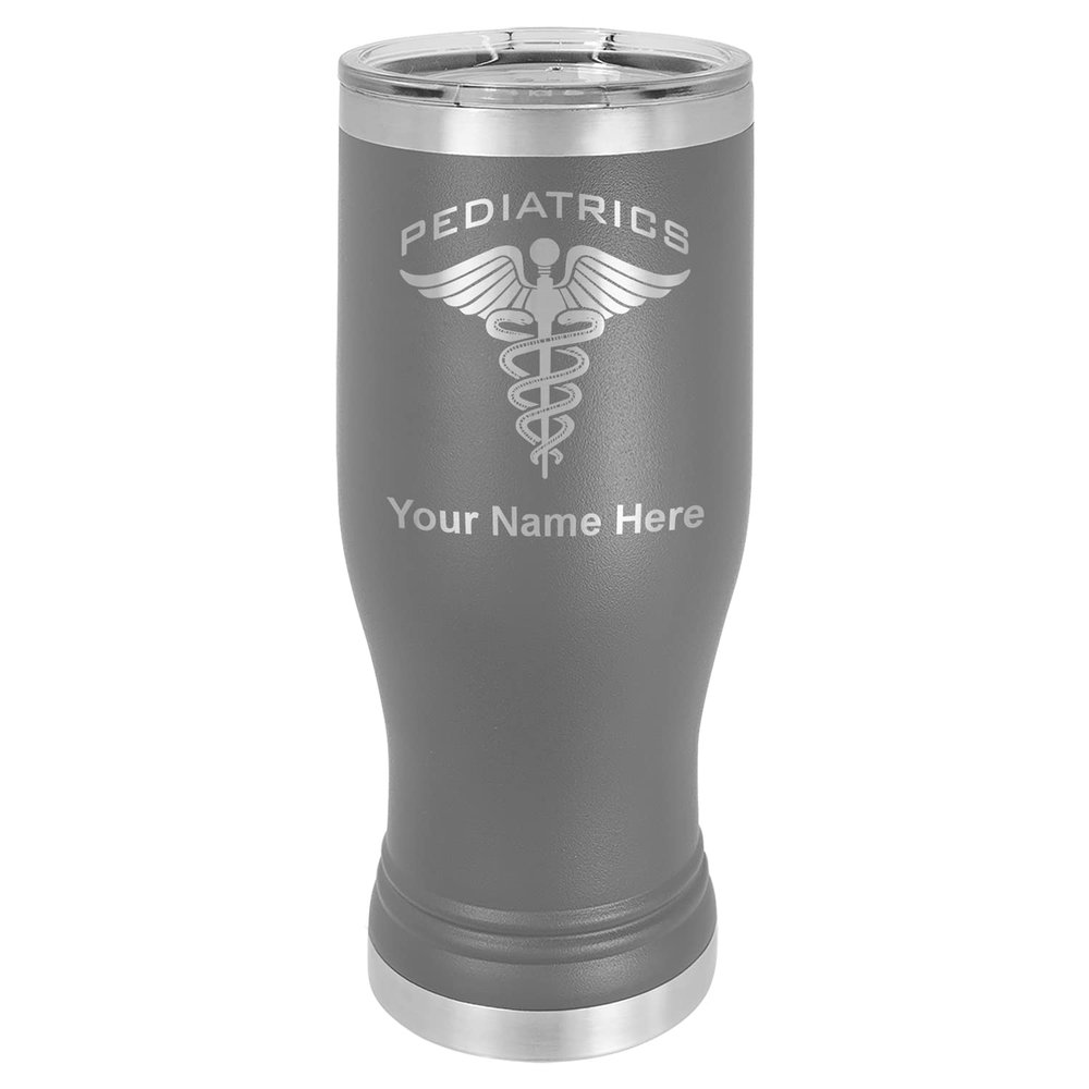 LaserGram 14oz Vacuum Insulated Pilsner Mug, Pediatrics, Personalized Engraving Included (Gray)