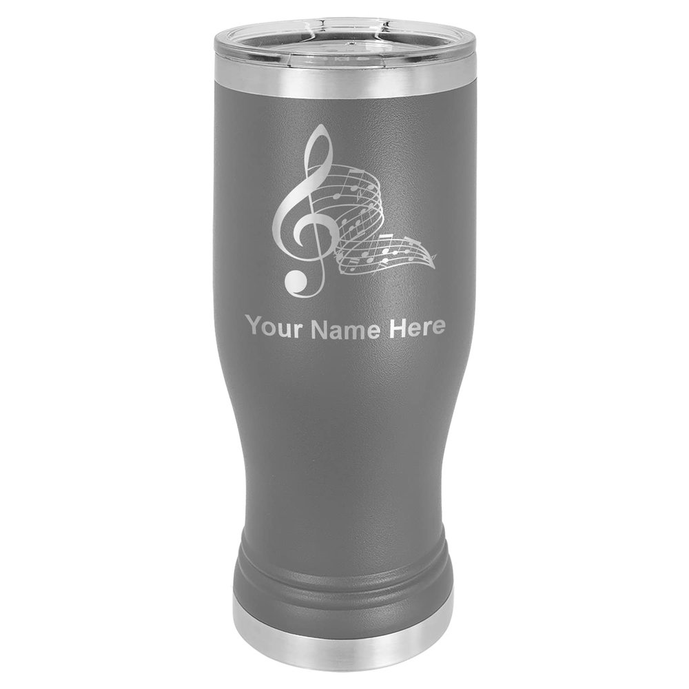 LaserGram 14oz Vacuum Insulated Pilsner Mug, Musical Notes, Personalized Engraving Included (Gray)