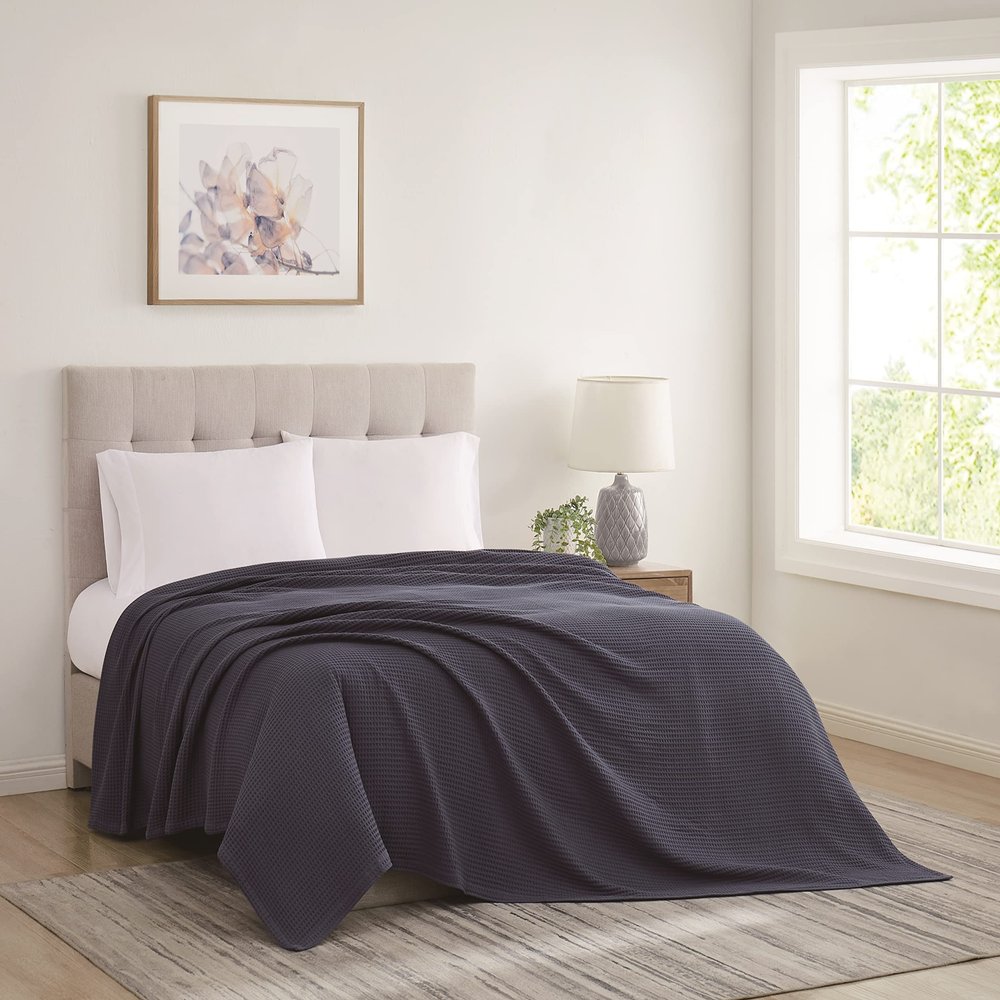 CANNON Heritage Cotton Waffle Blue Cotton 1-Piece King Blanket, Solid Color Themed, for Men and Women, Oeko-TEX Certified Confidence