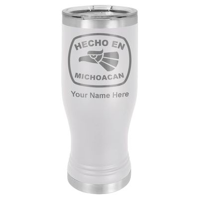 LaserGram 14oz Vacuum Insulated Pilsner Mug, Hecho en Michoacan, Personalized Engraving Included (White)