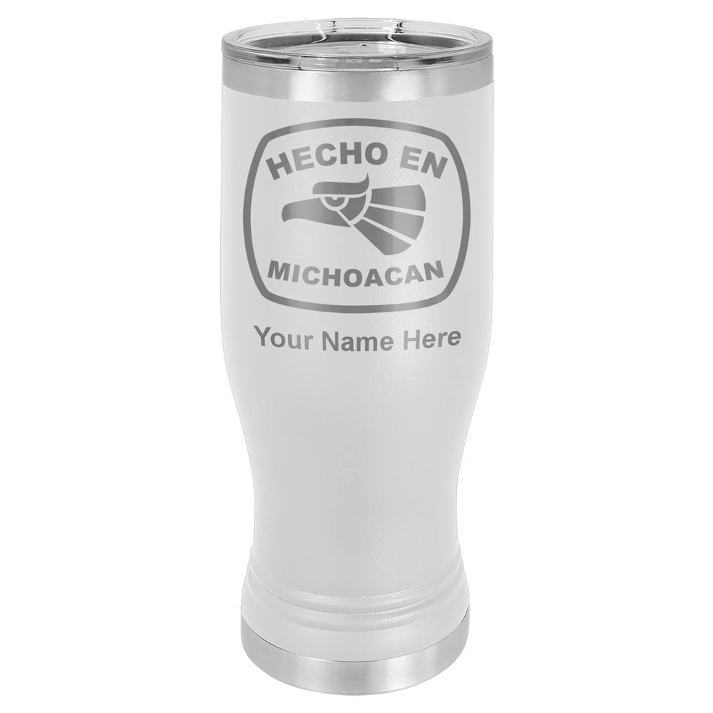 LaserGram 14oz Vacuum Insulated Pilsner Mug, Hecho en Michoacan, Personalized Engraving Included (White)
