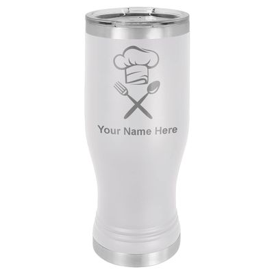 LaserGram 14oz Vacuum Insulated Pilsner Mug, Chef Hat, Personalized Engraving Included (White)