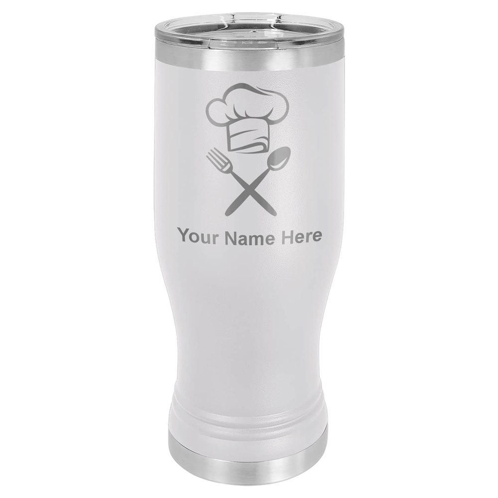 LaserGram 14oz Vacuum Insulated Pilsner Mug, Chef Hat, Personalized Engraving Included (White)