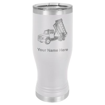 LaserGram 14oz Vacuum Insulated Pilsner Mug, Dump Truck, Personalized Engraving Included (White)