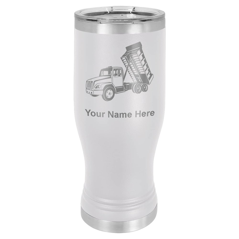 LaserGram 14oz Vacuum Insulated Pilsner Mug, Dump Truck, Personalized Engraving Included (White)