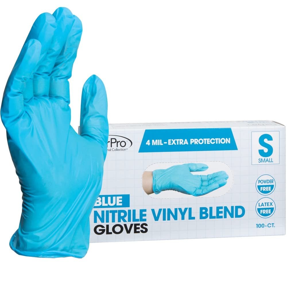 ForPro Professional Collection Disposable Nitrile Vinyl Blend Gloves, 4 Mil Extra Protection, Powder-Free, Latex-Free, Non-Sterile, Food Safe, Blue, Small, 100-Count