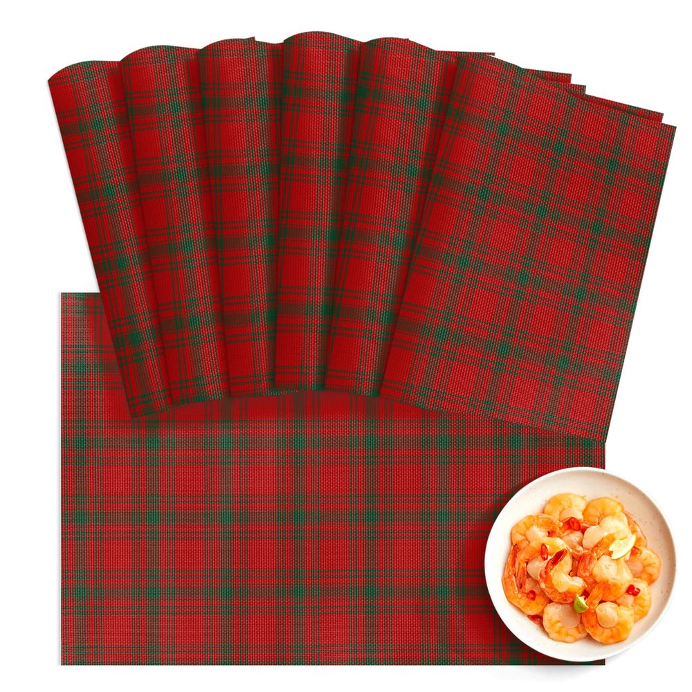 13X19 Inch Farmhouse Placemats Set of 6 PCS, Heat-Resistant Non-Slip PVC Dinning Table Mats Kitchen Table Mats, Christmas Red and Green Plaid Vinyl Placemats for Kids Party Dining Decor