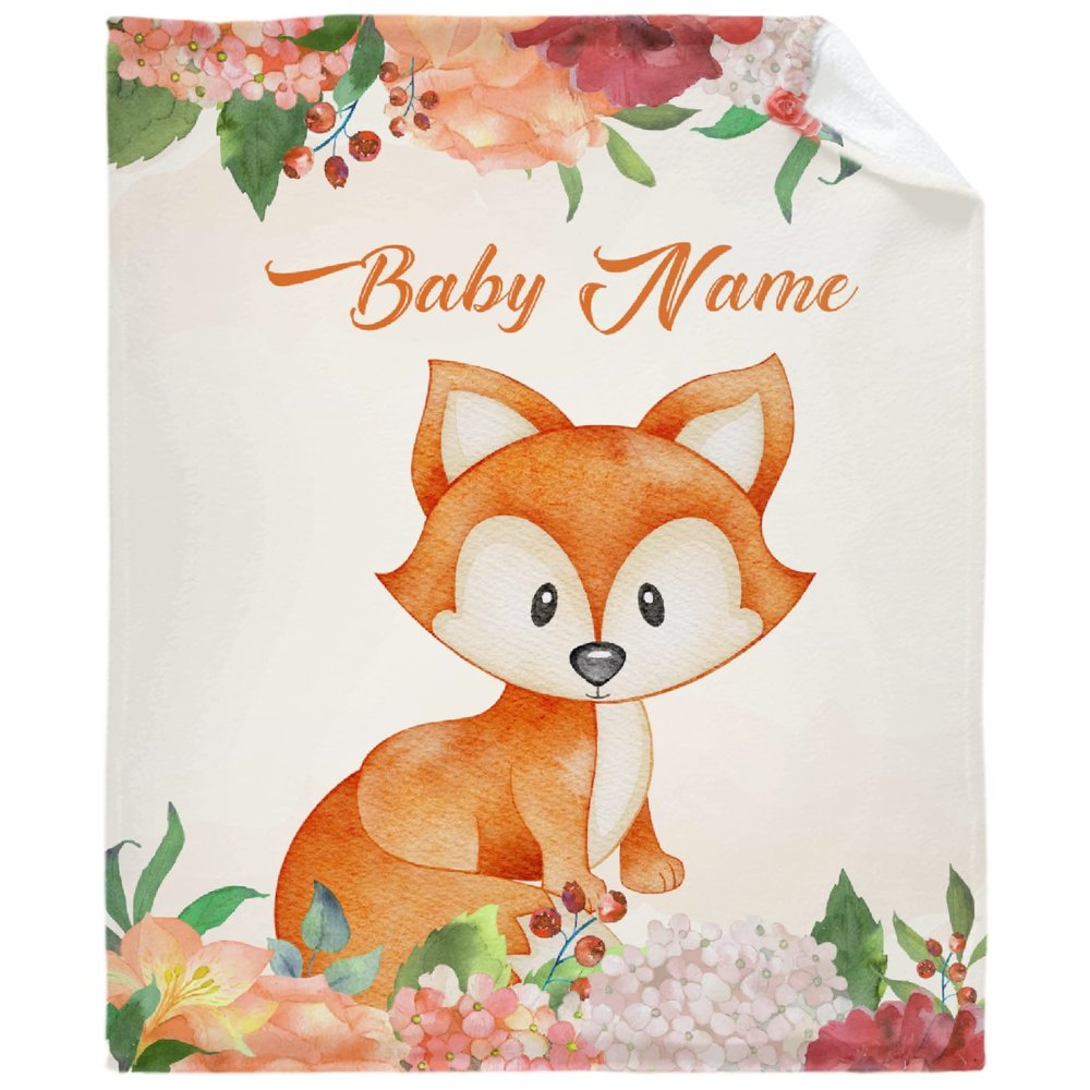 Anuruddha Personalized Blanket with Name, Fox Flower Custom Blankets Flannel Fluffy Cozy Throws for Bedroom/Couch Gift for for Loved Ones XL 90"120" for Family