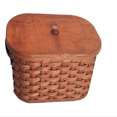Amish Handmade Oval Knitting Sewing Basket with Stained Oak Bottom and Leather Handles, Natural, 13" W x 8" D x 6 1/4" H